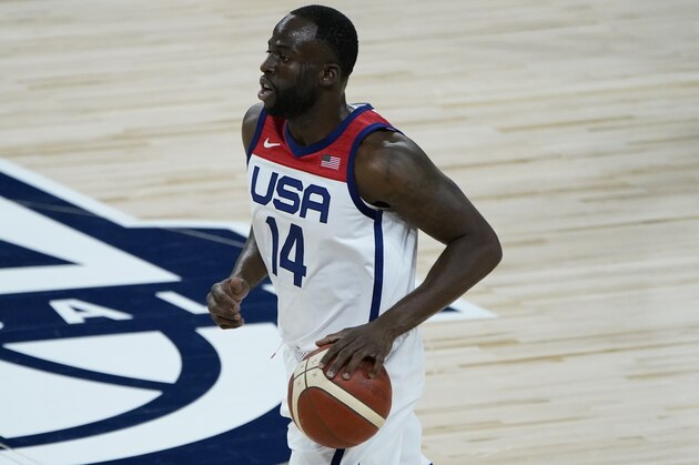 United States' Draymond Green (14) plays against Spain during the first half of an exhibition basketball game in preparation for the Olympics, Sunday, July 18, 2021, in Las Vegas. (AP Photo/John Locher)