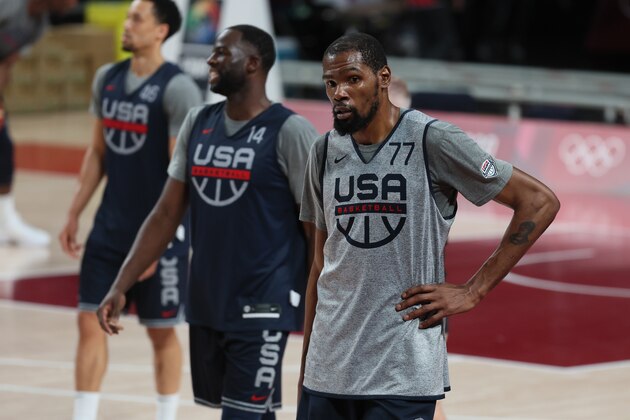 TOKYO, JAPAN - JULY 22: Kevin Durant #7 of team USA practices at Saitama Super Arena ahead of the Tokyo 2020 Olympic Games on July 22, 2021 in Tokyo, Japan. (Photo by Gregory Shamus/Getty Images)