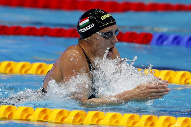 Katinka Hosszu of Hungary competes in the 200 meter individual medley semifinal at the European Aquatics Championships at the Duna Arena in Budapest, Hungary, Friday, May 21, 2021. (AP Photo/Petr David Josek)