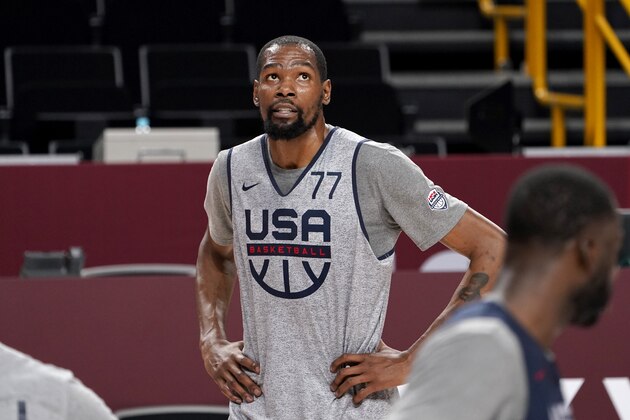 United States' Kevin Durant stands on the court during a men's basketball practice at the Tokyo 2020 Olympics, in Saitama, Japan, Thursday, July 22, 2021. (AP Photo/David Goldman)