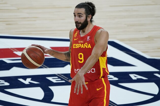 Spain's Ricky Rubio (9) plays against the United States during the second half of an exhibition basketball game in preparation for the Olympics, Sunday, July 18, 2021, in Las Vegas. (AP Photo/John Locher)