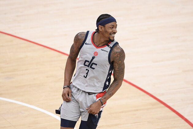 Washington Wizards guard Bradley Beal (3) reacts during the second half of Game 4 in a first-round NBA basketball playoff series against the Philadelphia 76ers, Monday, May 31, 2021, in Washington. (AP Photo/Nick Wass)