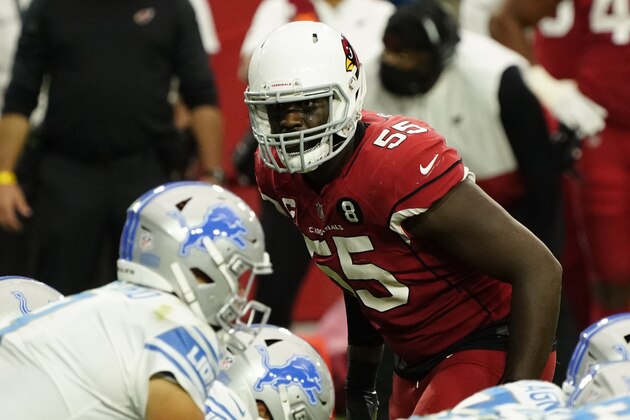 Arizona Cardinals linebacker Chandler Jones (55) during an NFL football game against the Detroit Lions, Sunday, Sept. 27, 2020, in Glendale, Ariz. (AP Photo/Rick Scuteri)
