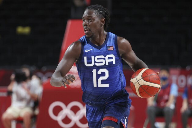 SAITAMA, JAPAN - JULY 25: Jrue Holiday of USA during the Men's Preliminary Round Group B basketball game between United States and France on day two of the Tokyo 2020 Olympic Games at Saitama Super Arena on July 25, 2021 in Saitama, Japan (Photo by Jean Catuffe/Getty Images)