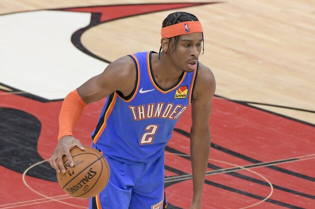 Oklahoma City Thunder guard Shai Gilgeous-Alexander (2) during the fourth quarter of an NBA basketball game against the Chicago Bulls in Chicago, Tuesday, March 16, 2021. (AP Photo/Mark Black)