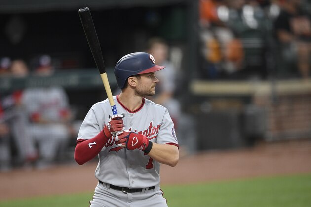 Washington Nationals' Trea Turner bats during a baseball game against the Baltimore Orioles, Saturday, July 24, 2021, in Baltimore. (AP Photo/Nick Wass)