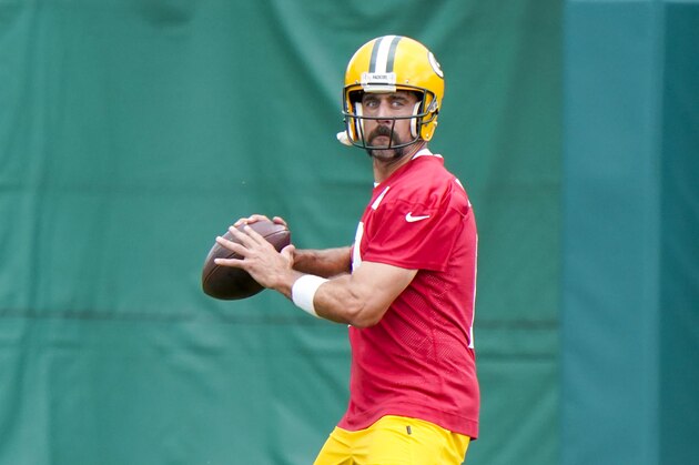 Green Bay Packers' Aaron Rodgers throws during NFL football training camp Saturday, Aug. 15, 2020, in Green Bay, Wis. (AP Photo/Morry Gash)