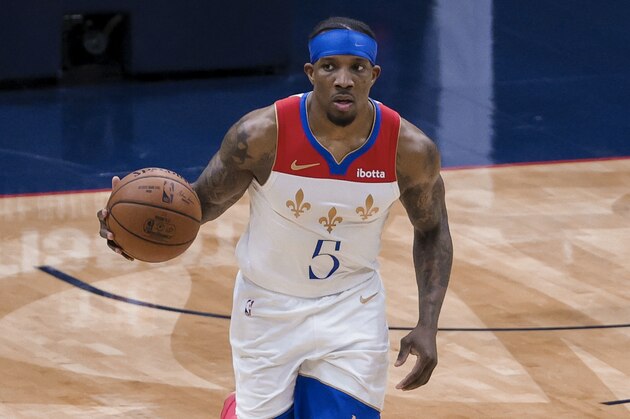 New Orleans Pelicans guard Eric Bledsoe (5) drives with the ball against the Los Angeles Lakers in the third quarter of an NBA basketball game in New Orleans, Sunday, May 16, 2021. (AP Photo/Derick Hingle)