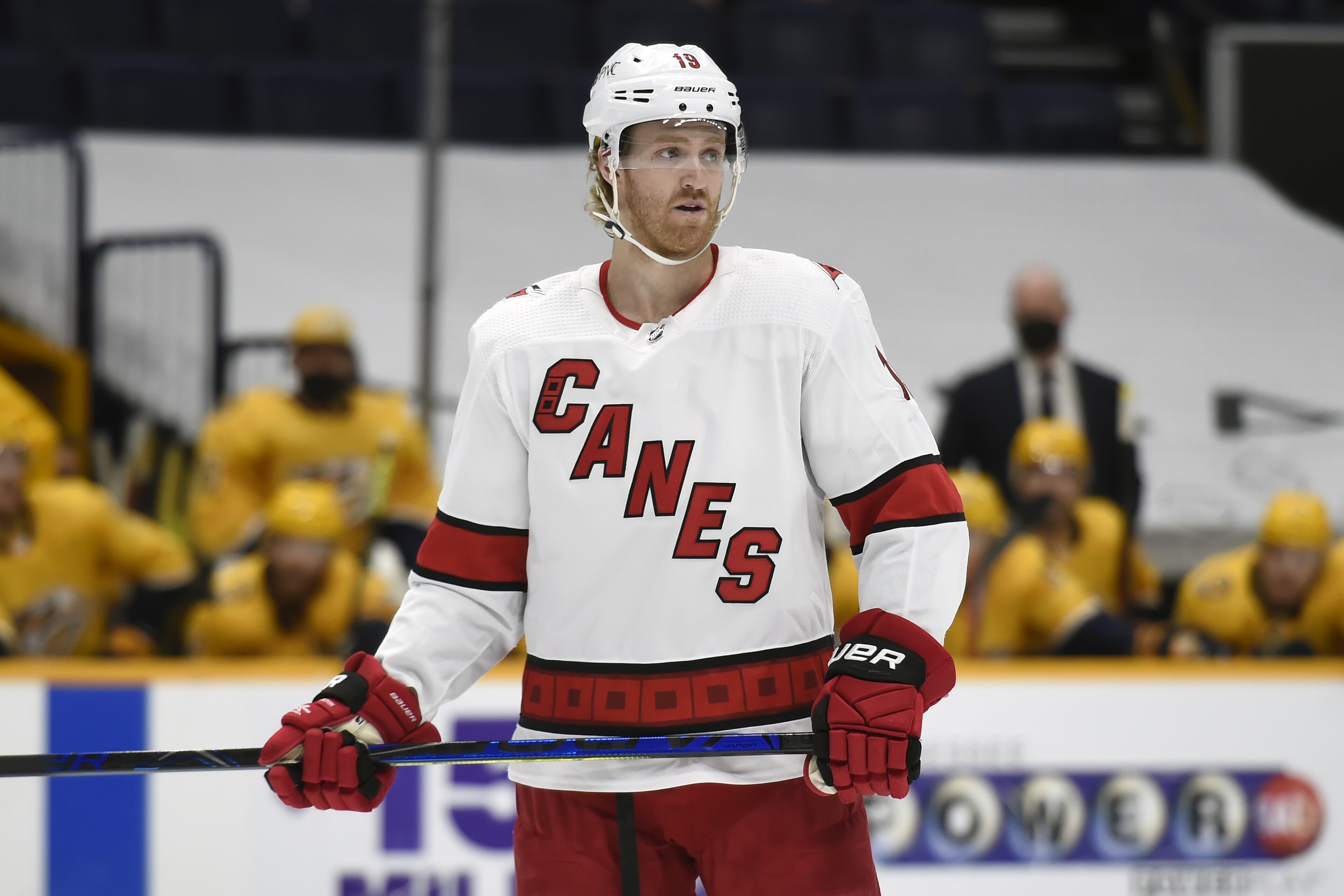 Carolina Hurricanes defenseman Dougie Hamilton (19) plays against the Nashville Predators during the first period of an NHL hockey game Saturday, May 8, 2021, in Nashville, Tenn. (AP Photo/Mark Zaleski)