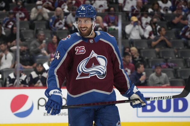 Colorado Avalanche defenseman Patrik Nemeth (24) in the first period of Game 5 of an NHL hockey Stanley Cup second-round playoff series Tuesday, June 8, 2021,in Denver. (AP Photo/David Zalubowski)