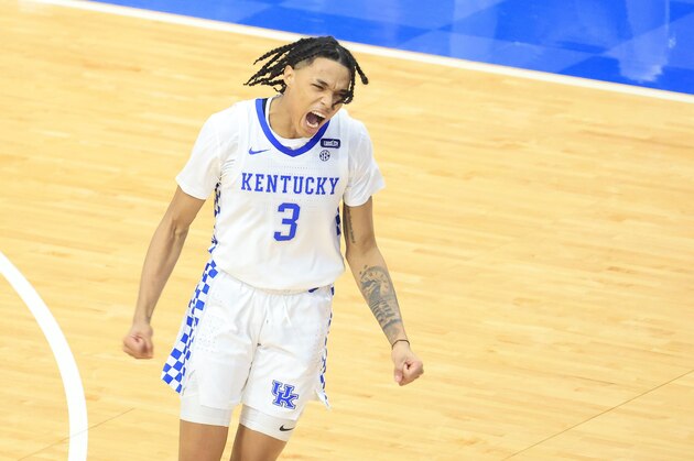 LEXINGTON, KENTUCKY - FEBRUARY 13:  Brandon Boston Jr #3 of the Kentucky Wildcats celebrates against the Auburn Tigers at Rupp Arena on February 13, 2021 in Lexington, Kentucky. (Photo by Andy Lyons/Getty Images)