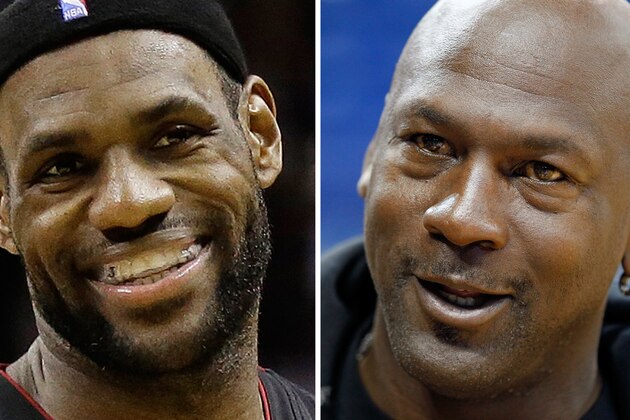 FILE - At left is a June 16, 2013,  file photo showing LeBron James. At right is an Oct. 2, 2012,  file photo showing Michael Jordan. LeBron James has often avoided talking about trying to match Michael Jordan’s accomplishment. Now he’s chasing ‘the ghost’ of arguably the greatest player in NBA history. (AP Photo/File