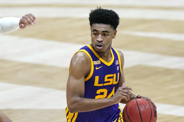 LSU's Cameron Thomas plays against Arkansas during an NCAA college basketball game in the Southeastern Conference Tournament Saturday, March 13, 2021, in Nashville, Tenn. (AP Photo/Mark Humphrey)