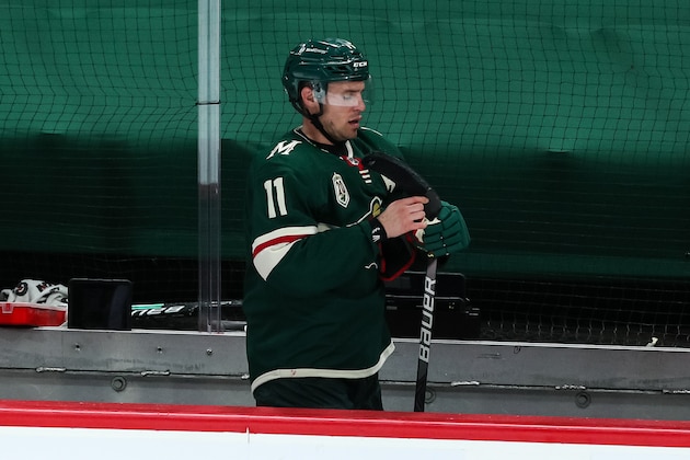 ST. PAUL, MN - MAY 22: Zach Parise #11 of the Minnesota Wild looks on after his defeat against the Vegas Golden Knights in Game Four of the First Round of the 2021 Stanley Cup Playoffs at Xcel Energy Center on May 22, 2021 in St Paul, Minnesota. The Golden Knights defeated the Wild 4-0. (Photo by David Berding/Getty Images)