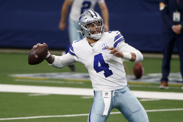 Dallas Cowboys quarterback Dak Prescott (4) throws against the Cleveland Browns during an NFL Football game in Arlington, Texas, Sunday, Oct. 4, 2020. (AP Photo/Michael Ainsworth)