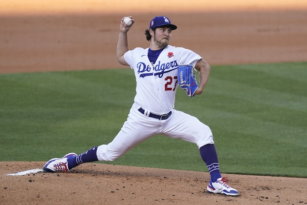 Los Angeles Dodgers starting pitcher Trevor Bauer (27) throws during the first inning of a baseball game against the St. Louis Cardinals Monday, May 31, 2021, in Los Angeles. (AP Photo/Ashley Landis)