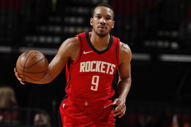 HOUSTON, TX - APRIL 27: Avery Bradley #9 of the Houston Rockets handles the ball against the Minnesota Timberwolves on April 27 at the Toyota Center in Houston, Texas. NOTE TO USER: User expressly acknowledges and agrees that, by downloading and or using this photograph, User is consenting to the terms and conditions of the Getty Images License Agreement. Mandatory Copyright Notice: Copyright 2021 NBAE (Photo by Robert Seale/NBAE via Getty Images)