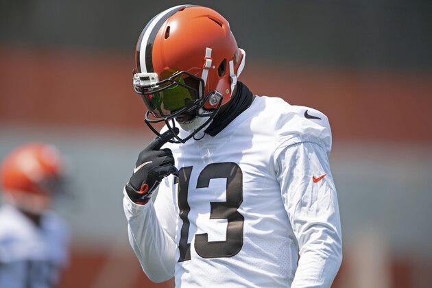Cleveland Browns receiver Odell Beckham Jr. (13) dances during an NFL football practice in Berea, Ohio, Wednesday, July 28, 2021. (AP Photo/David Dermer)