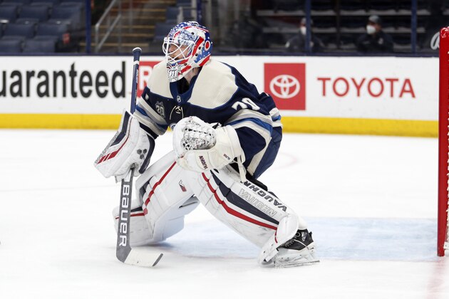 Columbus Blue Jackets goalie Joonas Korpisalo is seen during an NHL hockey game against the Chicago Blackhawks in Columbus, Ohio, Monday, April 12, 2021. The Blackhawks won 4-3 in overtime. (AP Photo/Paul Vernon)