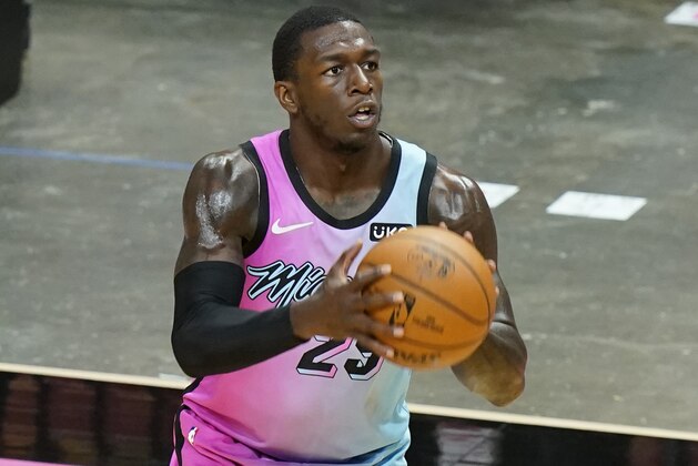 Miami Heat guard Kendrick Nunn (25) aims for a basket during the second half of an NBA basketball game against the New York Knicks, Tuesday, Feb. 9, 2021, in Miami. (AP Photo/Marta Lavandier)