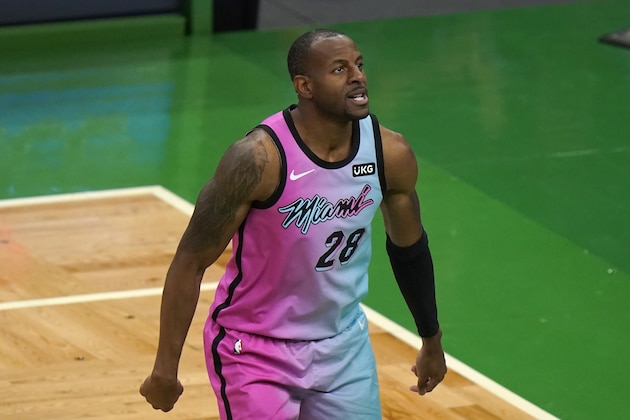 Miami Heat's Andre Iguodala (28) in the second half of a basketball game against the Boston Celtics, Sunday, May 9, 2021, in Boston. (AP Photo/Steven Senne) Miami Heat's Andre Iguodala (28) in the second half of a basketball game against the Boston Celtics, Sunday, May 9, 2021, in Boston. (AP Photo/Steven Senne)