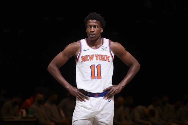 BROOKLYN, NY - MARCH 15: Frank Ntilikina #11 of the New York Knicks looks on during the game against the Brooklyn Nets on March 15, 2021 at Barclays Center in Brooklyn, New York. NOTE TO USER: User expressly acknowledges and agrees that, by downloading and or using this Photograph, user is consenting to the terms and conditions of the Getty Images License Agreement. Mandatory Copyright Notice: Copyright 2021 NBAE (Photo by Nathaniel S. Butler/NBAE via Getty Images)