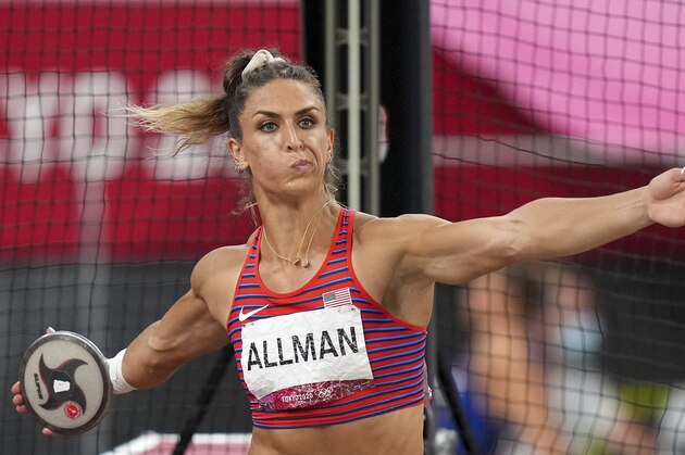 Valarie Allman, of the United States, competes in the women's discus throw final at the 2020 Summer Olympics, Monday, Aug. 2, 2021, in Tokyo. (AP Photo/Matthias Schrader)