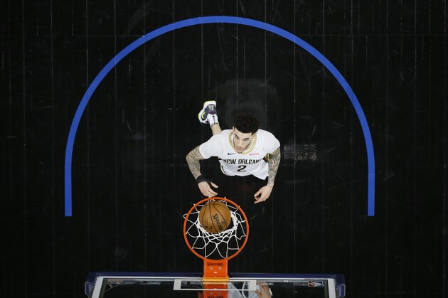 New Orleans Pelicans' Lonzo Ball plays during an NBA basketball game against the Philadelphia 76ers, Friday, May 7, 2021, in Philadelphia. (AP Photo/Matt Slocum)
