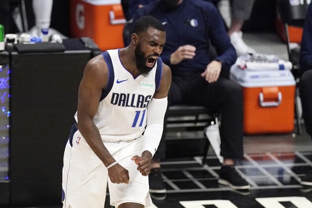 Dallas Mavericks forward Tim Hardaway Jr. celebrates during the first half in Game 1 of an NBA basketball first-round playoff series against the Los Angeles Clippers Saturday, May 22, 2021, in Los Angeles. (AP Photo/Mark J. Terrill)
