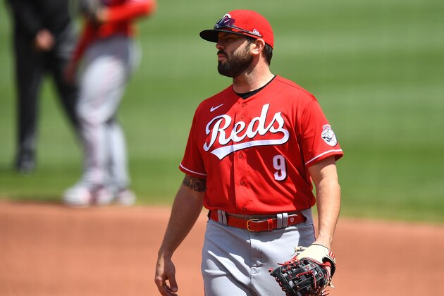 PITTSBURGH, PA - MAY 12:  Mike Moustakas #9 of the Cincinnati Reds in action during the game against the Pittsburgh Pirates at PNC Park on May 12, 2021 in Pittsburgh, Pennsylvania. (Photo by Joe Sargent/Getty Images)