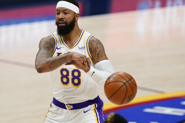 Los Angeles Lakers forward Markieff Morris (88) in the second half of an NBA basketball game Sunday, Feb. 14, 2021, in Denver. The Nuggegts won 122-105. (AP Photo/David Zalubowski)