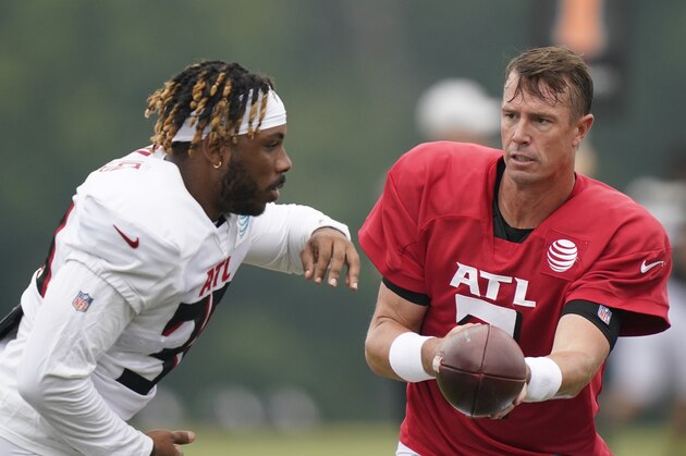 Atlanta Falcons quarterback Matt Ryan (2) runs drills during NFL football practice on Tuesday, Aug. 3, 2021, in Flowery Branch, Ga. (AP Photo/Brynn Anderson)
