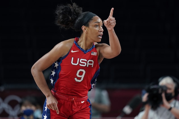 United States's A'Ja Wilson (9) reacts after scoring against Australia during a women's basketball quarterfinal game at the 2020 Summer Olympics, Wednesday, Aug. 4, 2021, in Saitama, Japan. (AP Photo/Eric Gay)
