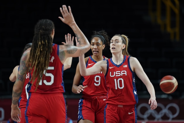 United States's Breanna Stewart (10) celebrates a score with teammates during a women's basketball quarterfinal game against Australia at the 2020 Summer Olympics, Wednesday, Aug. 4, 2021, in Saitama, Japan. (AP Photo/Eric Gay)