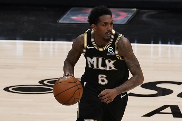 Atlanta Hawks guard Lou Williams (6) is shown against the Milwaukee Bucks during the first half of their NBA Eastern Conference Finals playoff series basketball game Saturday, July 3, 2021, in Atlanta. (AP Photo/John Bazemore)
