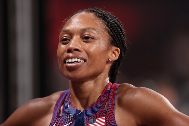 TOKYO, JAPAN - AUGUST 06: Allyson Felix of Team USA reacts after winning the bronze medal in the Women's 400m Final on day fourteen of the Tokyo 2020 Olympic Games at Olympic Stadium on August 06, 2021 in Tokyo, Japan. (Photo by Patrick Smith/Getty Images)