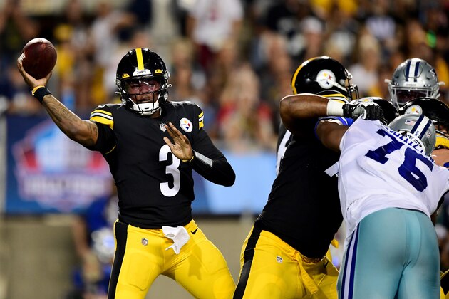 CANTON, OHIO - AUGUST 5: Dwayne Haskins #3 of the Pittsburgh Steelers makes a pass in the second half during the 2021 NFL preseason Hall of Fame Game against the Dallas Cowboys at Tom Benson Hall Of Fame Stadium on August 5, 2021 in Canton, Ohio. (Photo by Emilee Chinn/Getty Images)