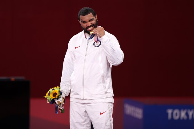 CHIBA, JAPAN - AUGUST 06: Gable Dan Stevenson of Team United States celebrates after winning the golden medal during the Men's Freestyle 125kg final in the Tokyo 2020 Olympic Games at Makuhari Messe Hall on August 06, 2021 in Chiba, Japan. (Photo by Ali Atmaca/Anadolu Agency via Getty Images)