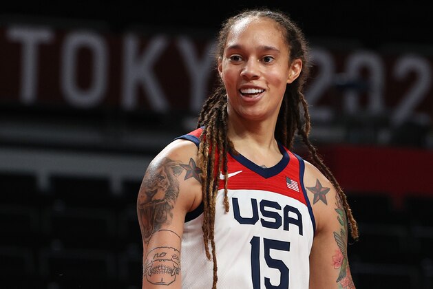 SAITAMA, JAPAN - AUGUST 06: Brittney Griner #15 of Team United States looks on against Serbia during the second half of a Women's Basketball Semifinals game on day fourteen of the Tokyo 2020 Olympic Games at Saitama Super Arena on August 06, 2021 in Saitama, Japan. (Photo by Kevin C. Cox/Getty Images)