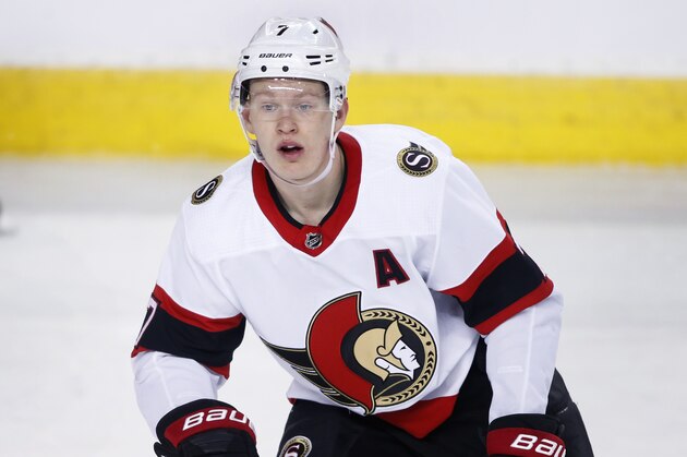 Ottawa Senators player Brady Tkachuk during an NHL hockey game, Monday, April 19, 2021, in Calgary, Canada. (AP Photo/Larry MacDougal)