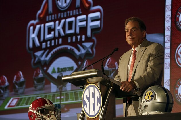 Alabama head coach Nick Saban speaks to reporters during the NCAA college football Southeastern Conference Media Days Wednesday, July 21, 2021, in Hoover, Ala. (AP Photo/Butch Dill)