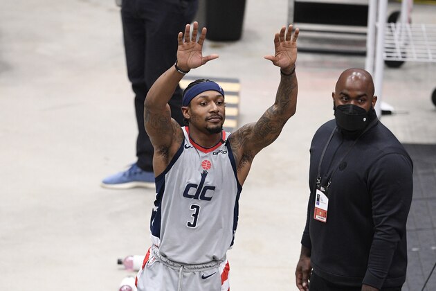 Washington Wizards guard Bradley Beal (3) reacts after Game 4 in a first-round NBA basketball playoff series against the Philadelphia 76ers, Monday, May 31, 2021, in Washington. (AP Photo/Nick Wass) Washington Wizards guard Bradley Beal (3) reacts after Game 4 in a first-round NBA basketball playoff series against the Philadelphia 76ers, Monday, May 31, 2021, in Washington. (AP Photo/Nick Wass)