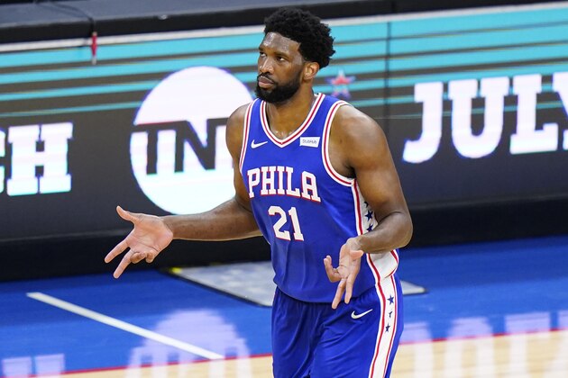 Philadelphia 76ers' Joel Embiid reacts after making a three-pointer during the second half of Game 5 in a second-round NBA basketball playoff series against the Atlanta Hawks, Wednesday, June 16, 2021, in Philadelphia. (AP Photo/Matt Slocum)