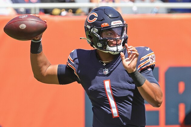 CHICAGO, ILLINOIS - AUGUST 14: Justin Fields #1 of the Chicago Bears passes against the Miami Dolphins during a preseason game at Soldier Field on August 14, 2021 in Chicago, Illinois. (Photo by Jonathan Daniel/Getty Images)