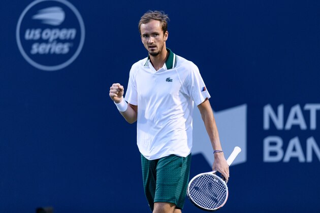TORONTO, ON - AUGUST 14: Daniil Medvedev (RUS) celebrates after winning a point during his National Bank Open tennis tournament semifinals match on August 14, 2021, at Aviva Centre in Toronto, ON, Canada. (Photo by Julian Avram/Icon Sportswire via Getty Images)