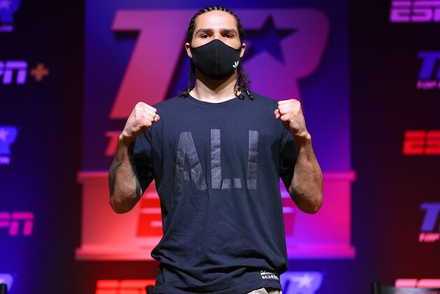 CATOOSA, OKLAHOMA - AUGUST 12: Nico Ali Walsh poses during the press conference at Hard Rock Hotel & Casino Tulsa on August 12, 2021 in Catoosa, Oklahoma. (Photo by Mikey Williams/Top Rank Inc via Getty Images)