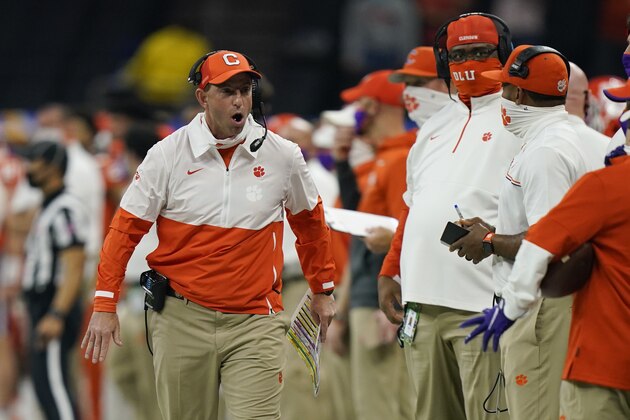 Clemson head coach Dabo Swinney yells during the first half of the Sugar Bowl NCAA college football game against Ohio State Friday, Jan. 1, 2021, in New Orleans. (AP Photo/Gerald Herbert)
