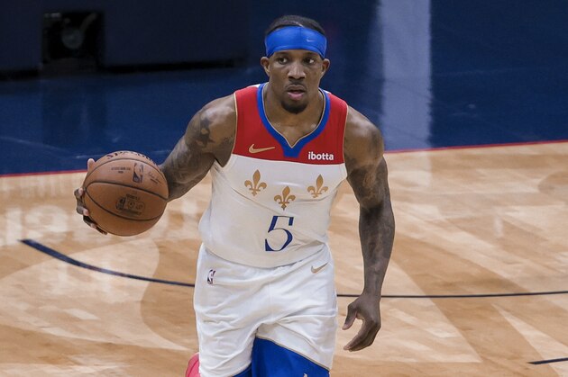 New Orleans Pelicans guard Eric Bledsoe (5) drives with the ball against the Los Angeles Lakers in the third quarter of an NBA basketball game in New Orleans, Sunday, May 16, 2021. (AP Photo/Derick Hingle)