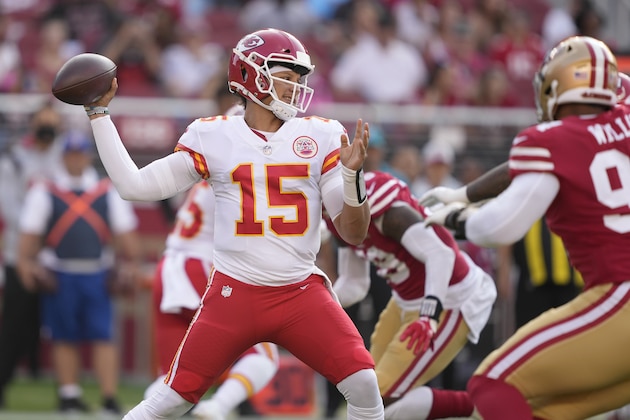 Kansas City Chiefs quarterback Patrick Mahomes (15) against the San Francisco 49ers during an NFL preseason football game in Santa Clara, Calif., Saturday, Aug. 14, 2021. (AP Photo/Tony Avelar)