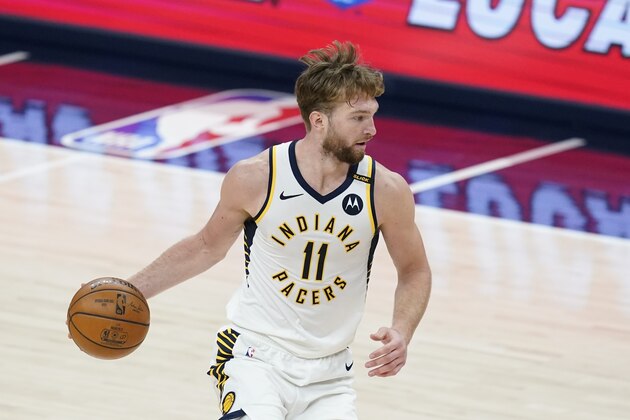 Indiana Pacers' Domantas Sabonis (11) dribbles during the second half of an NBA basketball game against the Atlanta Hawks, Thursday, May 6, 2021, in Indianapolis. (AP Photo/Darron Cummings)